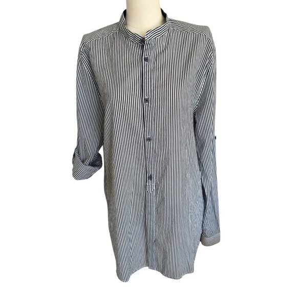 H&M Blue White Striped Long Roll Tab Sleeve Button Up Tunic Women's Sz L - Picture 7 of 12
